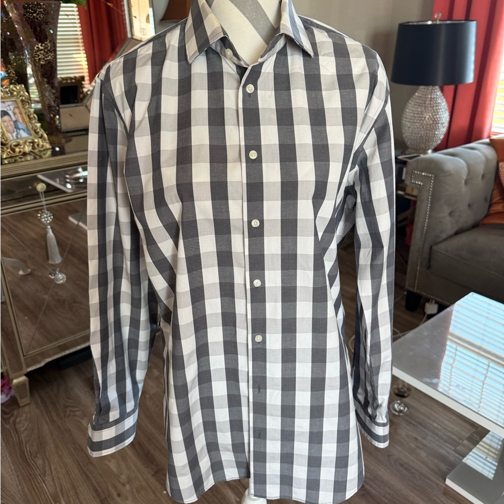C2 by Calibrate Gray and White Checkered Dress Shirt